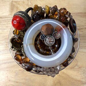 Mystery Jewelry Lot Mini Jar W/ Earth Tones Glass & Stone Pieces Fall Colors Bla